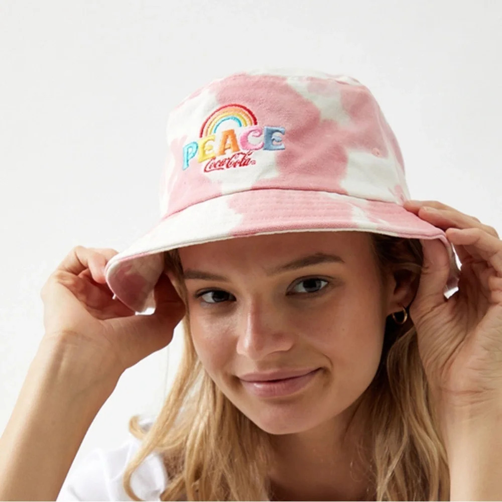 Coke Cola women's peach tie dye bucket hat with rainbow
